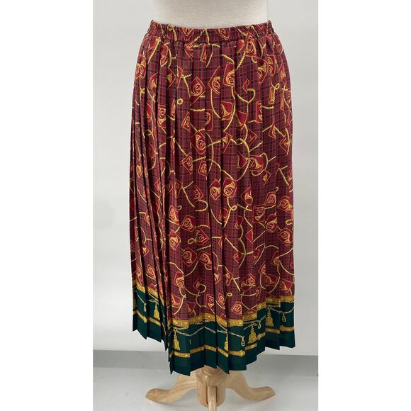 Vintage 80s Pleated Midi Skirt French Horns Mixed Print Pull on Maroon Green S - Picture 5 of 8